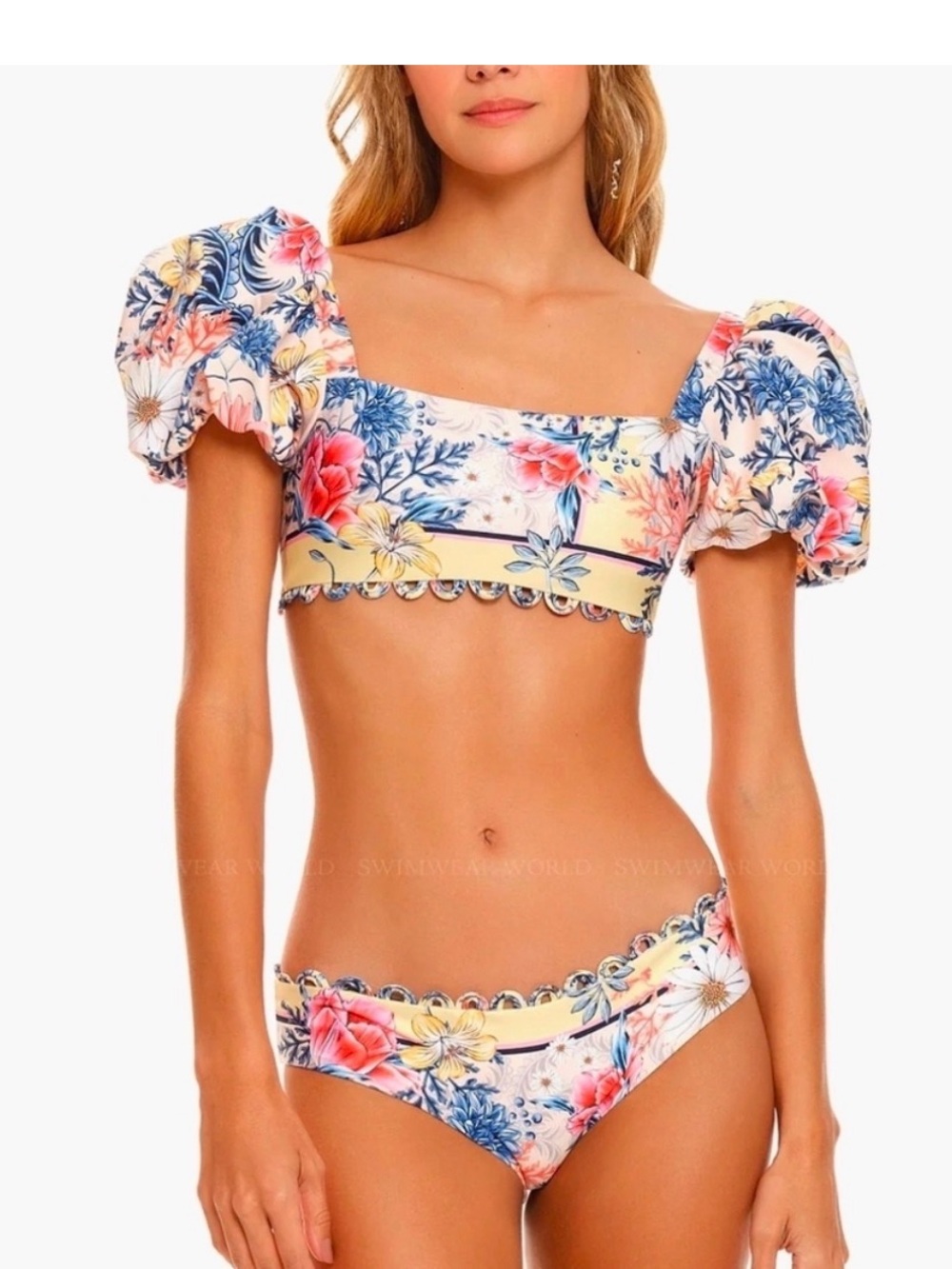 Agua Bendita Floral Puff-Sleeve Bikini in Yellow, Pink & Blue